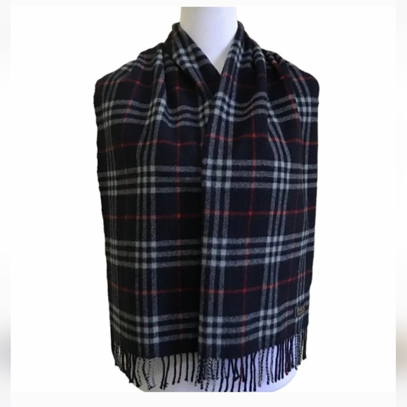 Vintage Burberry cashmere wool scarf. Navy blue red white plaid - Picture 4 of 5